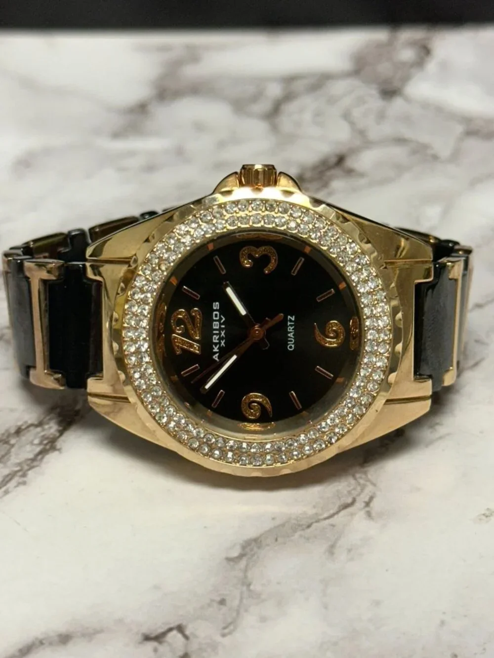 Akribos XXIV Watch Women Rose Gold Tone Black AK514RG New Battery 6.75
